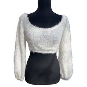 Fashion Nova white “what the fuzz off shoulder top” mohair style crop • size M